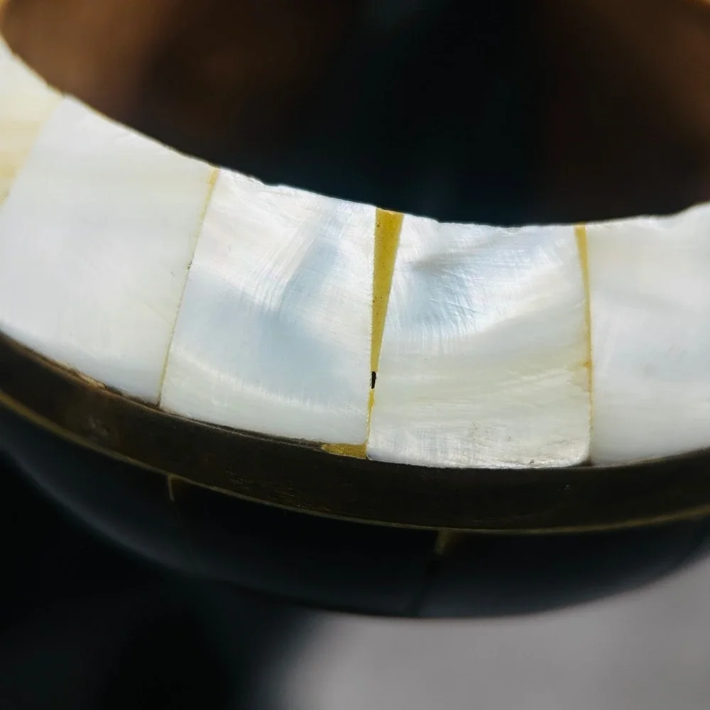 Vintage Inlaid Wood & Brass Bangle Bracelet Boho Artisan Style‎